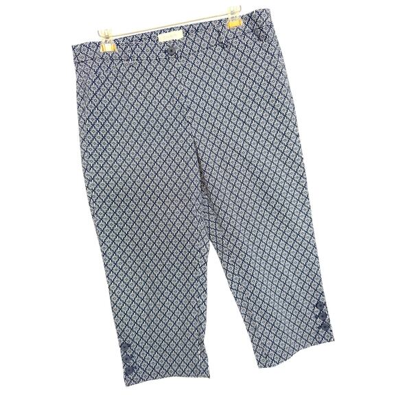 Talbots Crop Skimmer Pants Button Hem Blue Print Women 14 Coastal Preppy Stretch - Picture 1 of 14